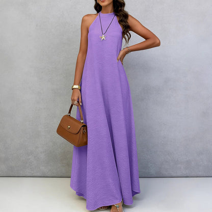 Style Ice Silk Wrinkle Loose Oversized Sleeveless Solid Color Maxi Flowy Vacation Dress for Women