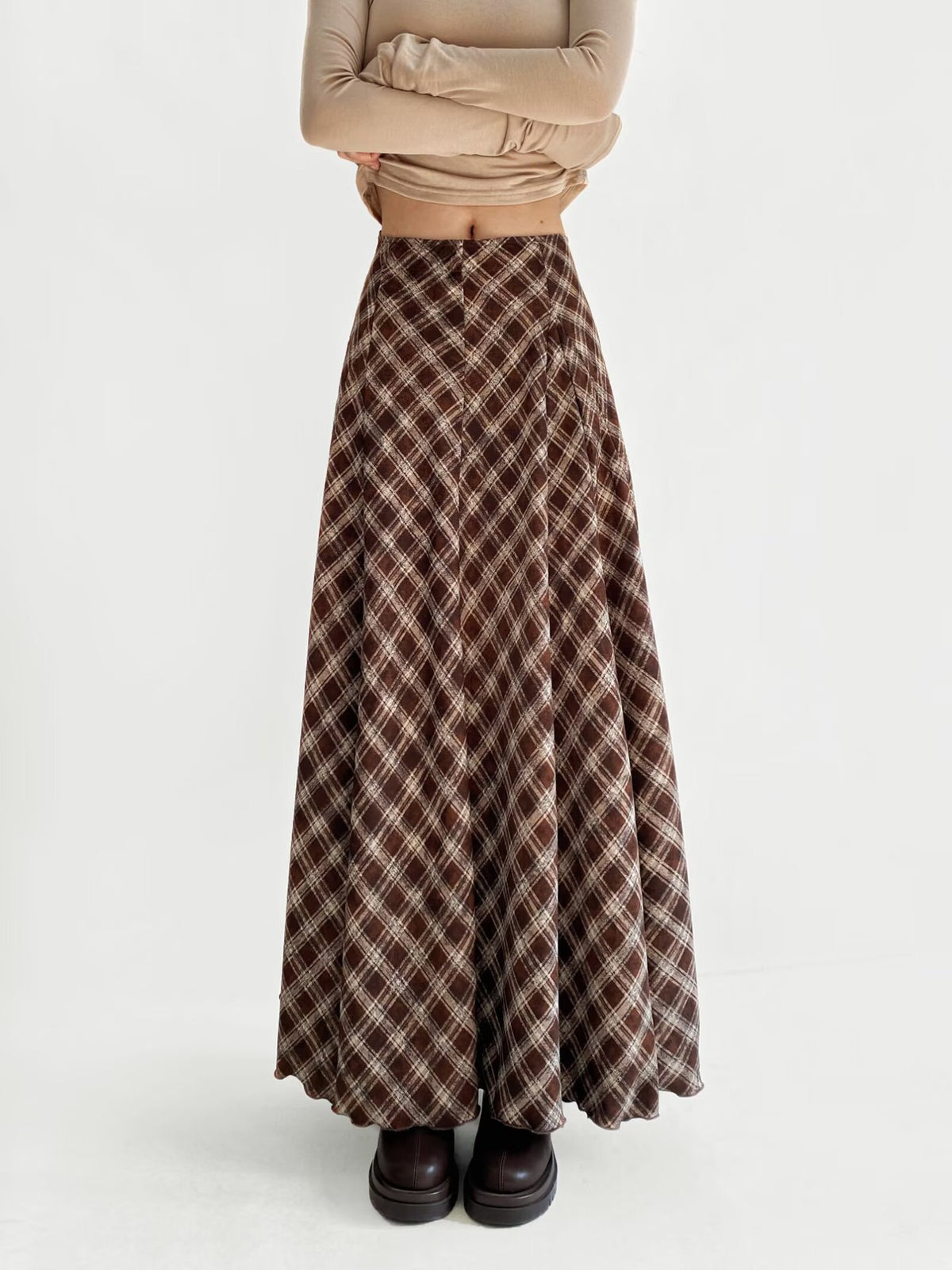 High waisted plaid zipper mid length skirt versatile A-line skirt