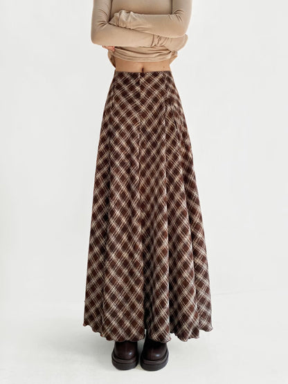High waisted plaid zipper mid length skirt versatile A-line skirt