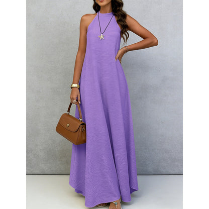 Style Ice Silk Wrinkle Loose Oversized Sleeveless Solid Color Maxi Flowy Vacation Dress for Women