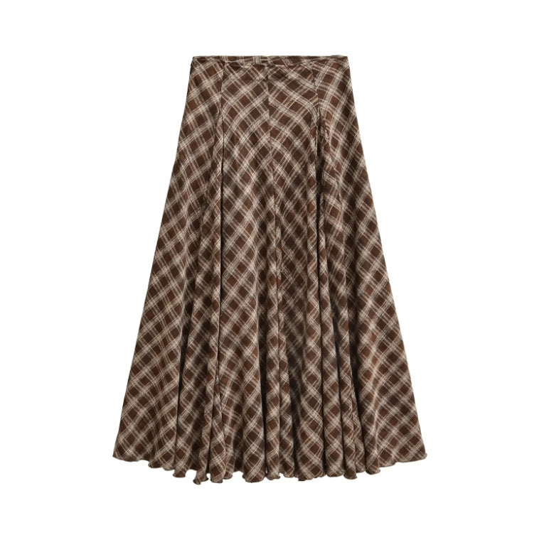 High waisted plaid zipper mid length skirt versatile A-line skirt
