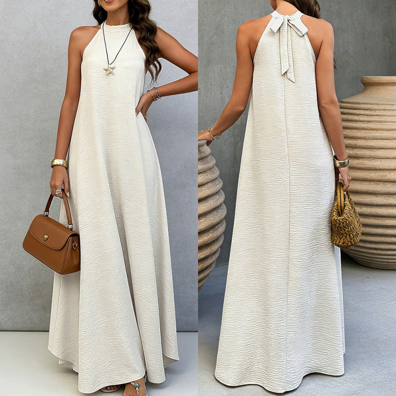 Style Ice Silk Wrinkle Loose Oversized Sleeveless Solid Color Maxi Flowy Vacation Dress for Women