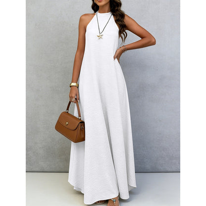 Style Ice Silk Wrinkle Loose Oversized Sleeveless Solid Color Maxi Flowy Vacation Dress for Women