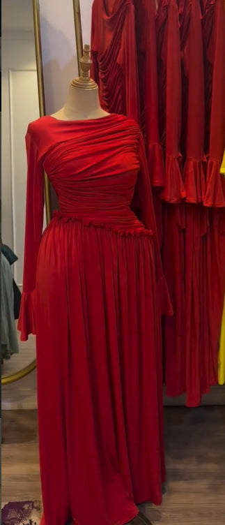 Elegant Long Sleeve Pleated Ruffle Resort Stretchy Maxi Dress