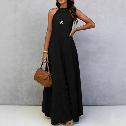 Style Ice Silk Wrinkle Loose Oversized Sleeveless Solid Color Maxi Flowy Vacation Dress for Women
