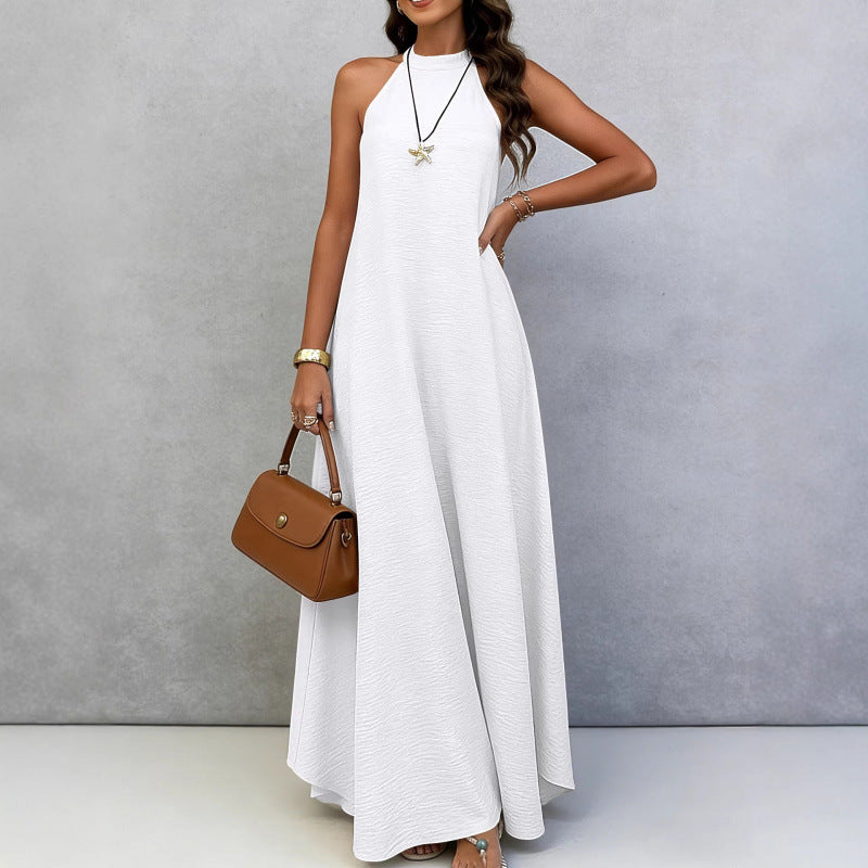 Style Ice Silk Wrinkle Loose Oversized Sleeveless Solid Color Maxi Flowy Vacation Dress for Women